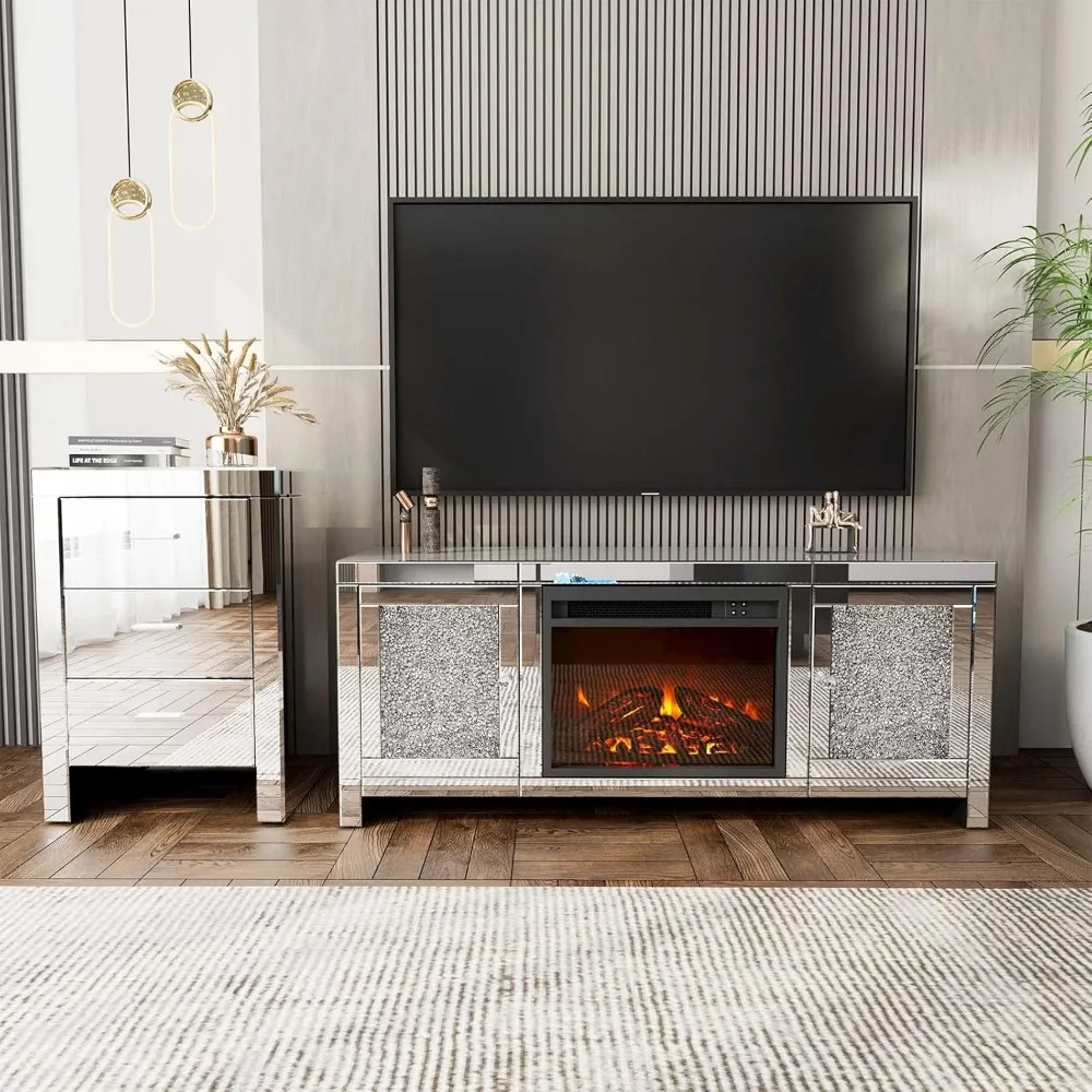 Mirror Fireplace TV Cabinet, Mirror Media Entertainment Center, Silver TV Console Table, Living Room Mirror Furniture