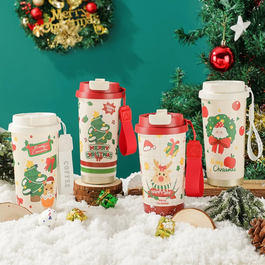 

Christmas wind stainless steel with carrying rope double drinking coffee thermos moose cartoon printing women gift cups