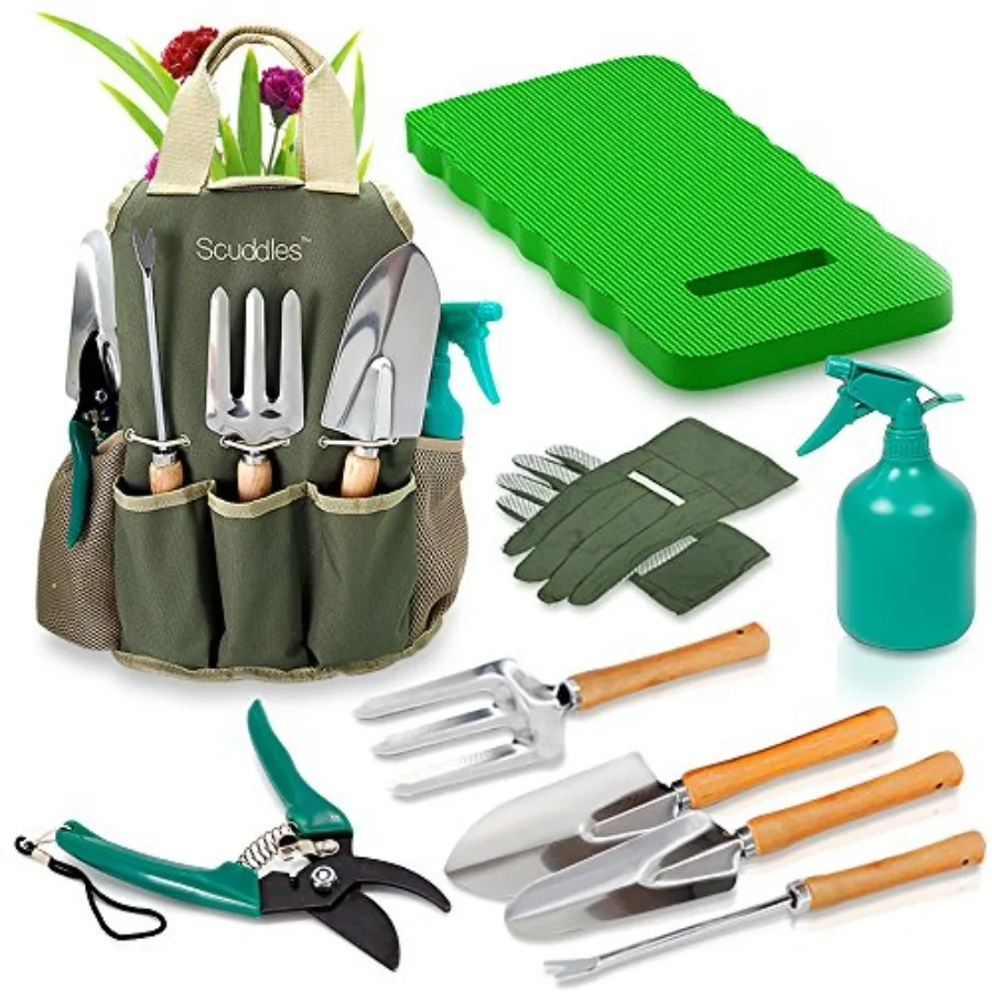 

Premium Gardening Kit for Women 10 Stainless Steel Tools with Ergonomic Handles Tote Bag Kneeling Pad Shears Gloves Rake Trowel