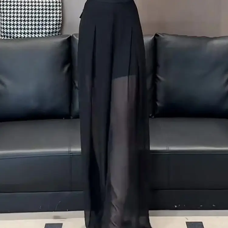 Black Ice Silk Wide Leg Pants Skirt Women's Summer Thin Sexy Hollow High Waist Slit Chiffon Straight Leg Floor-Length Pants Q146