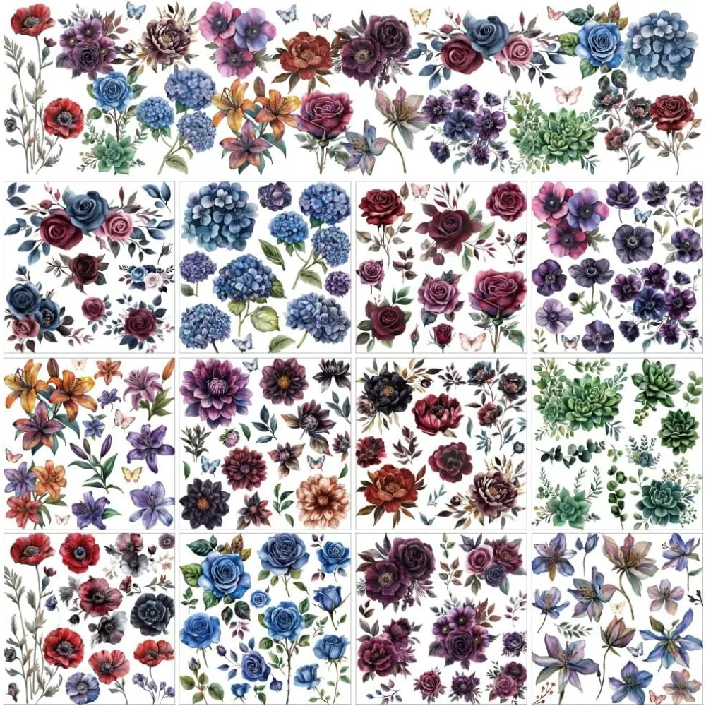 12 Sheets 12 Style PVC Stickers Heat Transfer Film for Window Decoration Flower 140x140mm 1 sheet/style