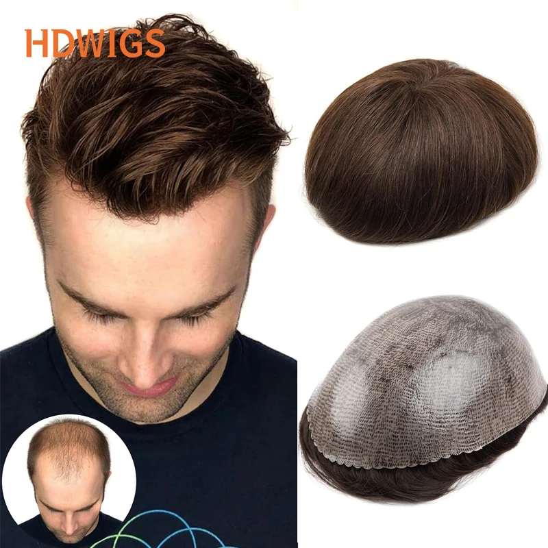 Choice Men Topper Human Hair Thin Skin Indian Human Remy Hairpiece Full PU 0.14mm Thin Skin Man Toupee With Knots Hair System