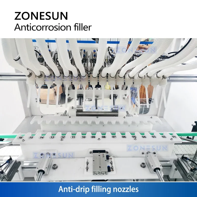 ZONESUN ZS-XAF16 Automatic 16 Head Acid & Alkali Filling Machine for Angled Nozzle Bottle Corrosive Liquid Filler