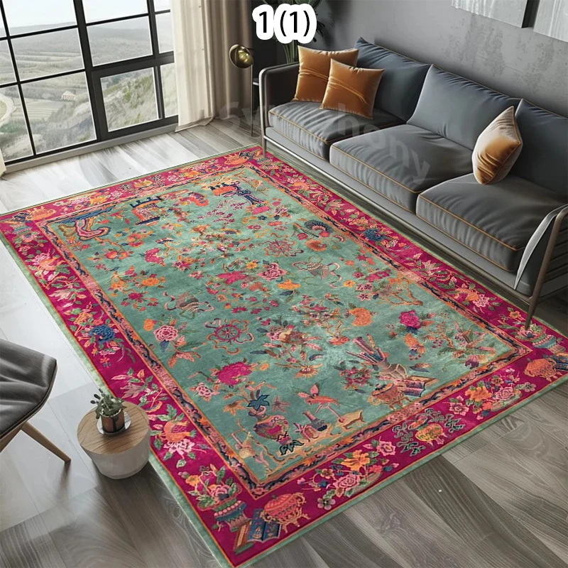 

Ковер в стиле бохо с зеленым и розовым принтом, ретро, мягкий, большой, нескользящий, для гостиной, моющийся, винтажный, с цветочным узором, напольный коврик для спальни