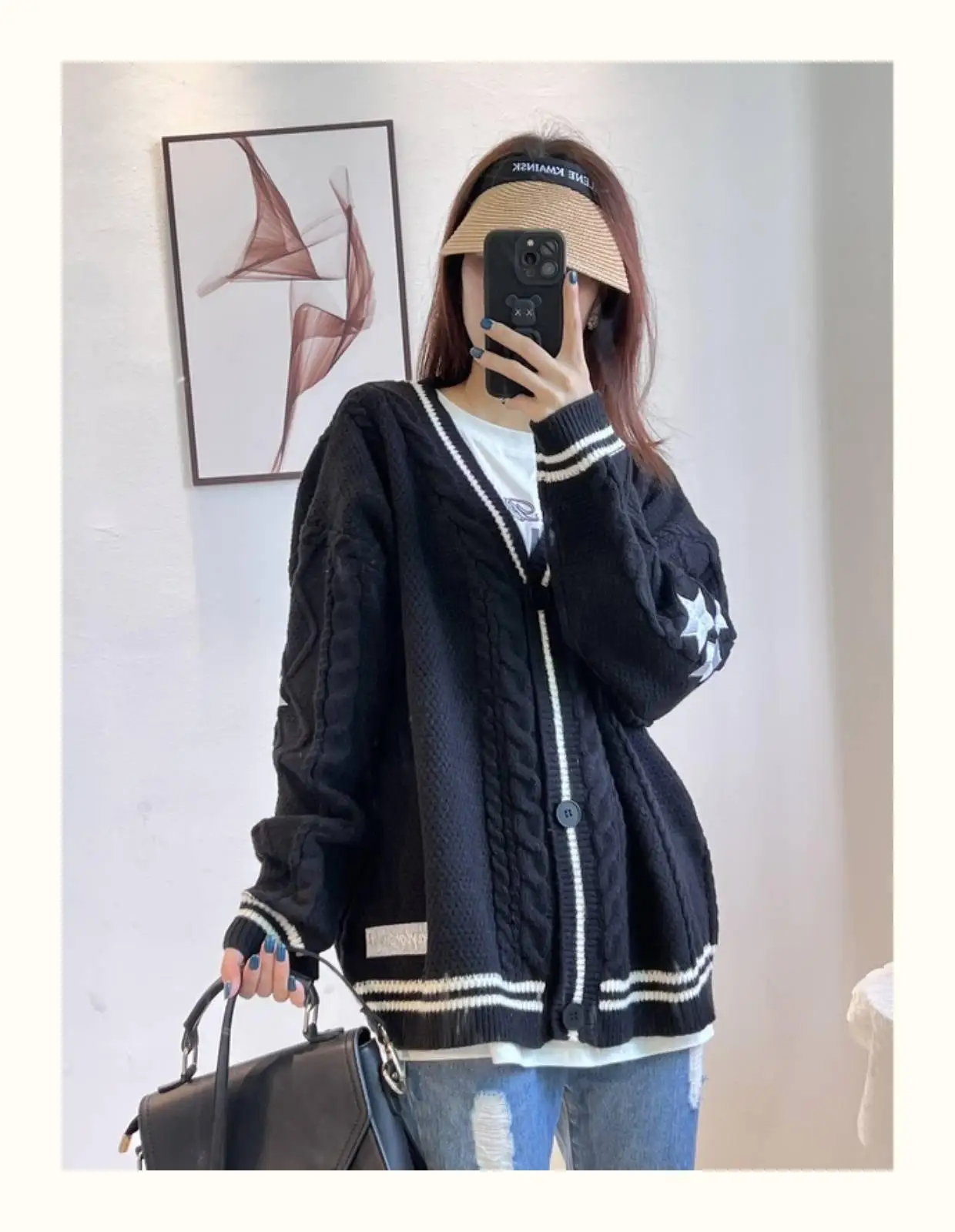 Y2K Vintage Autumn Cardigan Women Long Sleeved V-neck Knitted Sweater Winter Fashion Loose Warm Oversized Beige Cardigan Women