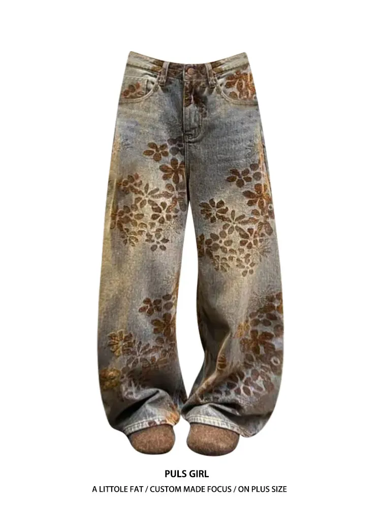 

Ретро-джинсы в американском стиле с цветочной вышивкой, больших размеров, женские, свободные, широкие, с эффектом похудения, повседневные, с высокой талией