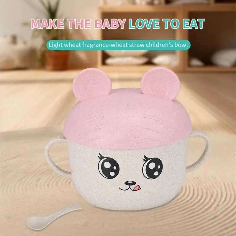 1 PCS Cute Cartoon Childrens Wheat Straw Tableware Set Food Bowl Soup Rice Bowl Kindergarten Tableware Bowl With Lid And Spoon