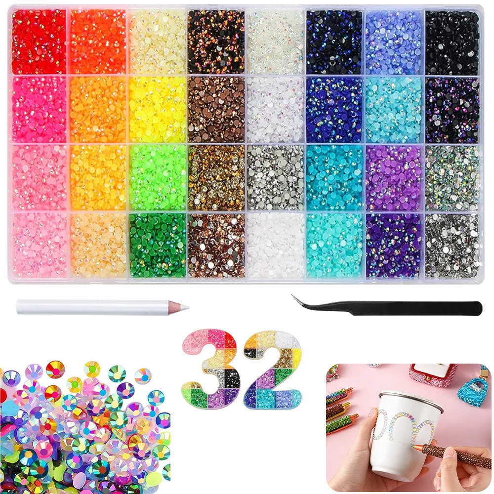 32 Farben Jelly-Harz-Strasssteine zum Verzieren, 3mm Mehrfarbige Flache Edelsteine für Bastelarbeiten, für Kleidung, Schuhe, Nägel, Bücher