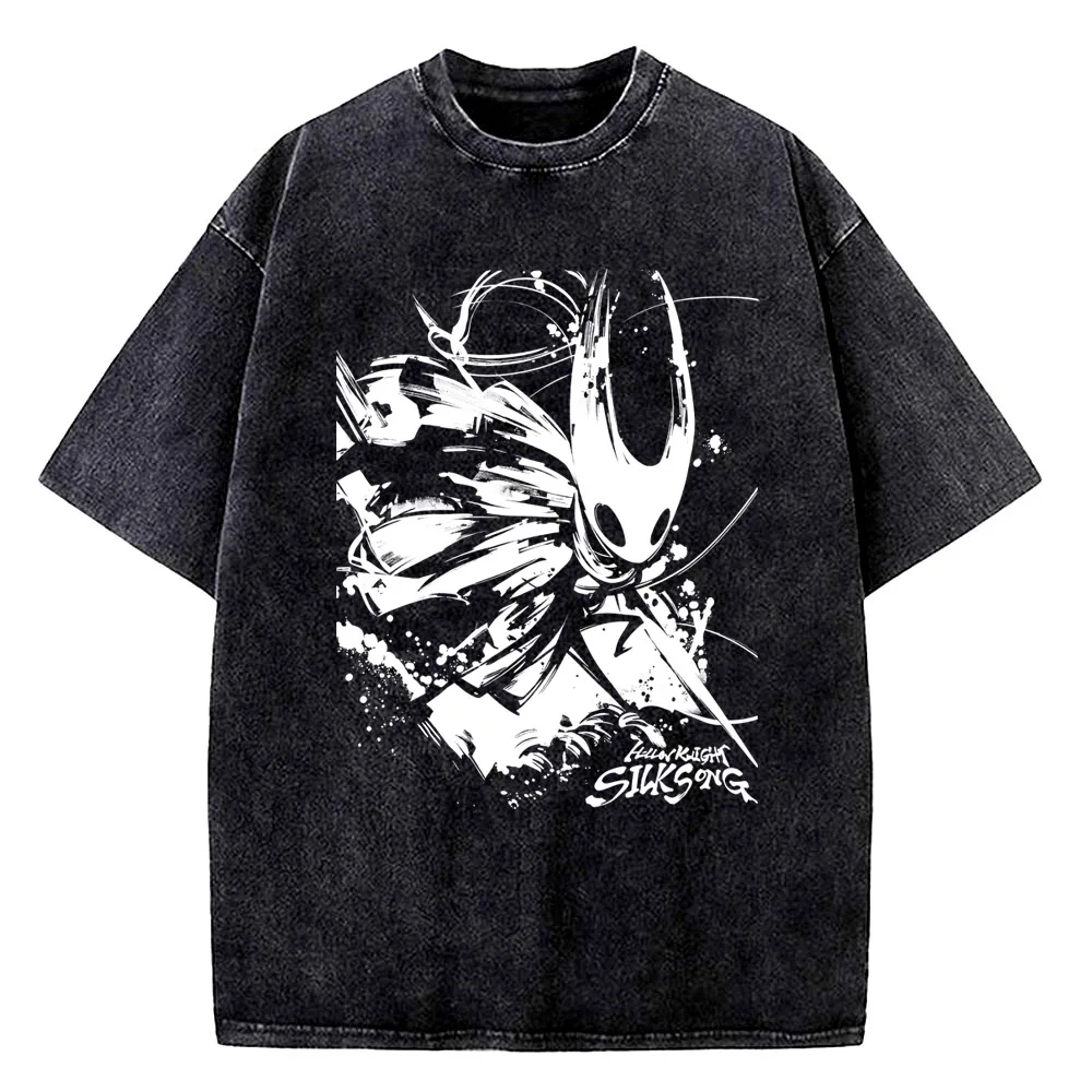 Hollow Knight Vintage Washed T Shirts Men Clothing Casual Short Sleeve T-shirts Male High Quality Cotton Tee Shirt