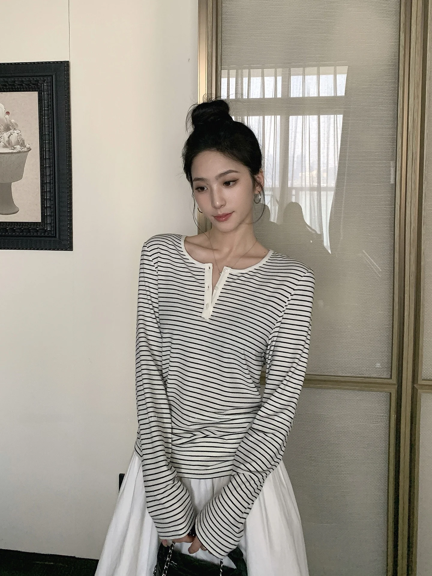 

Hyden Stripe Long Sve T-irt Women's Spring 2026 New Sle f Open round Ne Base Layer Outerwear Casual Comfortabl...