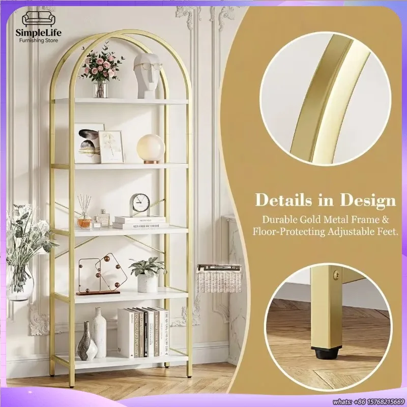 

5 Tier Arched Bookcase Slim Tall Metal Bookshelf Standing Storage Rack for Bedroom Bathroom Living Room Office