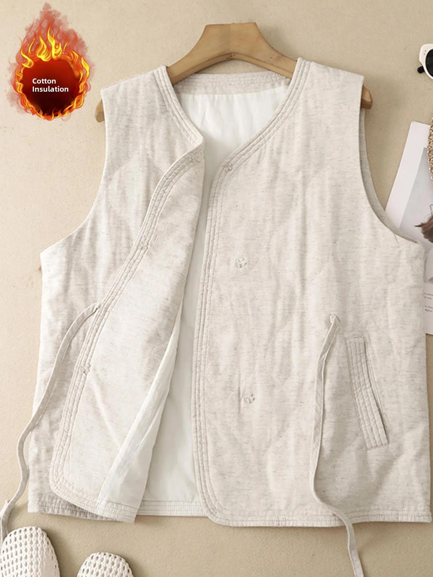 Winter New plus Size Women's Thickened Cotton Linen Vest Jacket V-Neck Tie-Dye Artistic Style Sleeveless Outerwear Coat 4