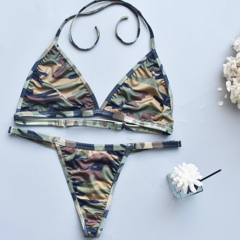 

Женский купальный костюм, трехточечные стринги с камуфляжным принтом, бикини, быстросохнущий купальник, бандажный купальник, купальный костюм с низкой талией