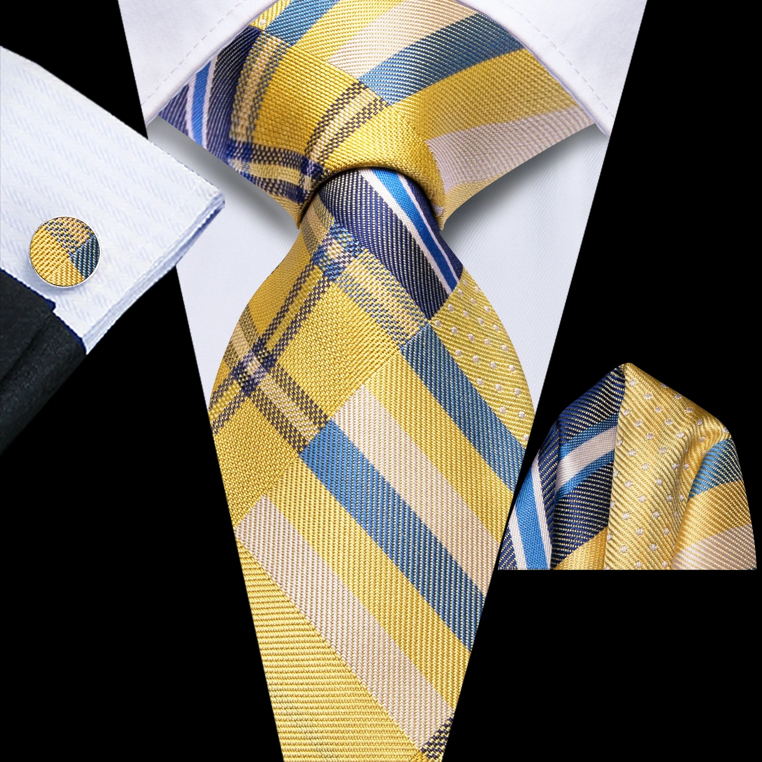 Hi-Tie Men Fashion Necktie Yellow Orange Brown Handkerchief Cufflinks for Tuxedo Accessory Classic Silk Luxury Gift Tie