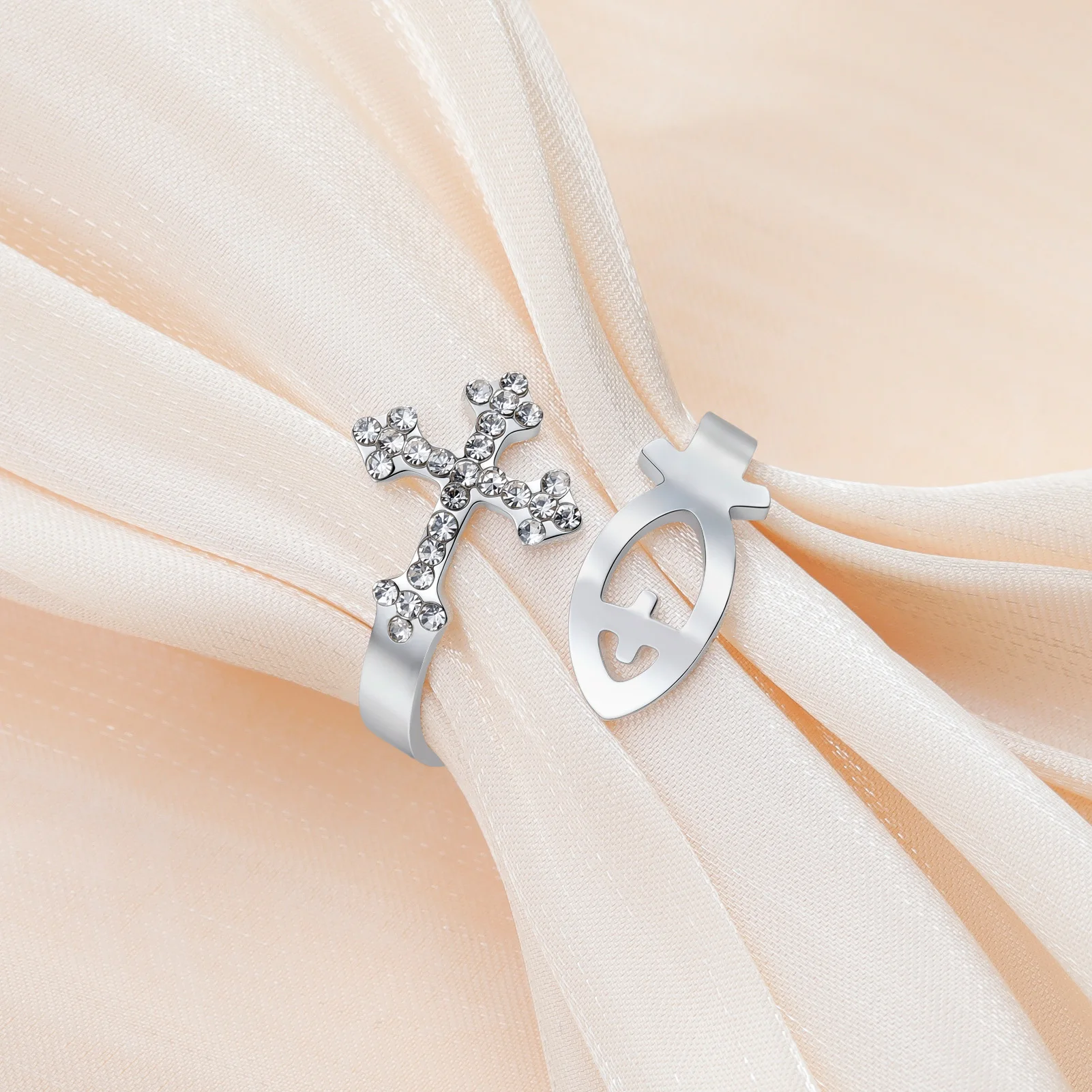 1PC Hollow Jesus Fish Cross Open Ring Stainless Steel Christian Symbol Women Men Ring Religious Jewelry Gift