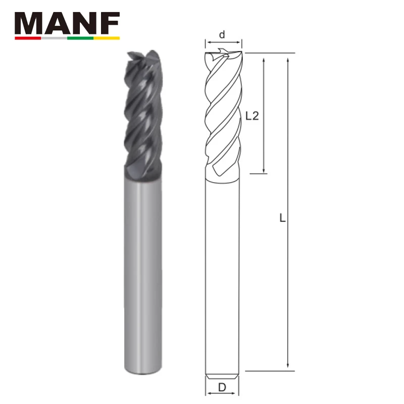 MANF 4 Flute Long Unequal Spiral SUS End Mill For Stainless 4mm 5mm 6mm 8mm Milling Cutter Tungsten Cobalt Alloy TiAIN End Mills