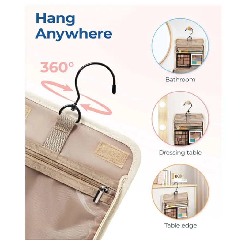 حقيبة مستحضرات التجميل ذات سعة كبيرة من TEXU مع خطاف للسفر، حقيبة تنظيم المكياج المعلقة باللون الأبيض الكريمي #5