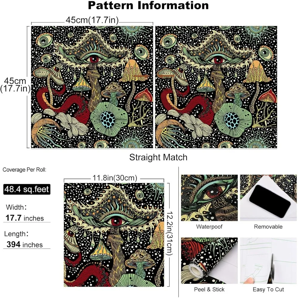ورق جدران على شكل فطر بوهو قابل للإزالة - 17.7 بوصة × 98.4 قدم، تصميم نباتي وعين، مثالي لجدران غرفة النوم والحمام
