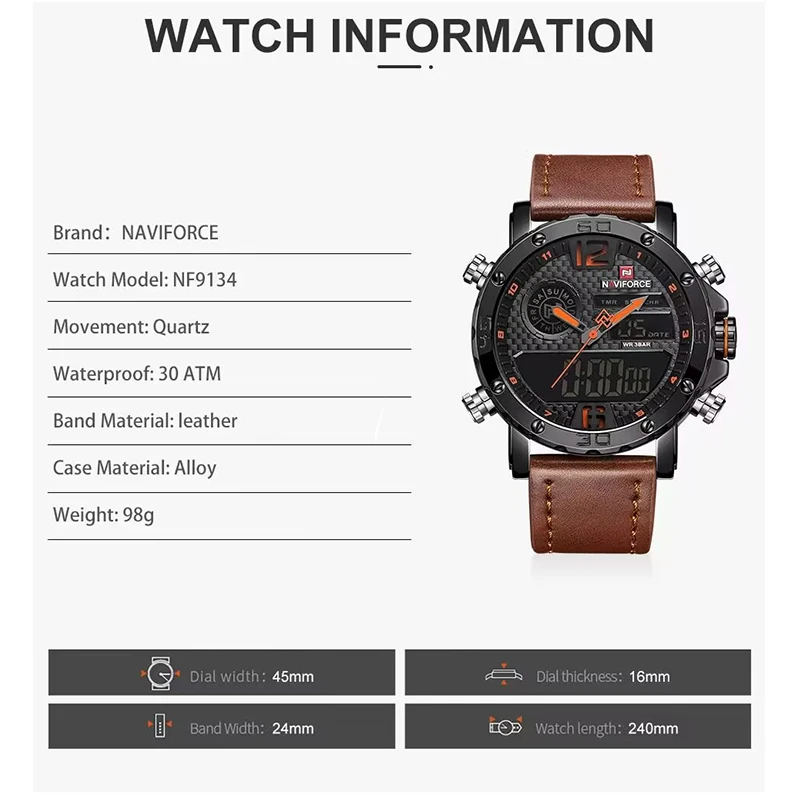 NAVIFORCE To Luxury Brand Mens Quartz Watches Leather Sports Watches Men\'s LED Digital Clock Waterproof Military Wrist Watch