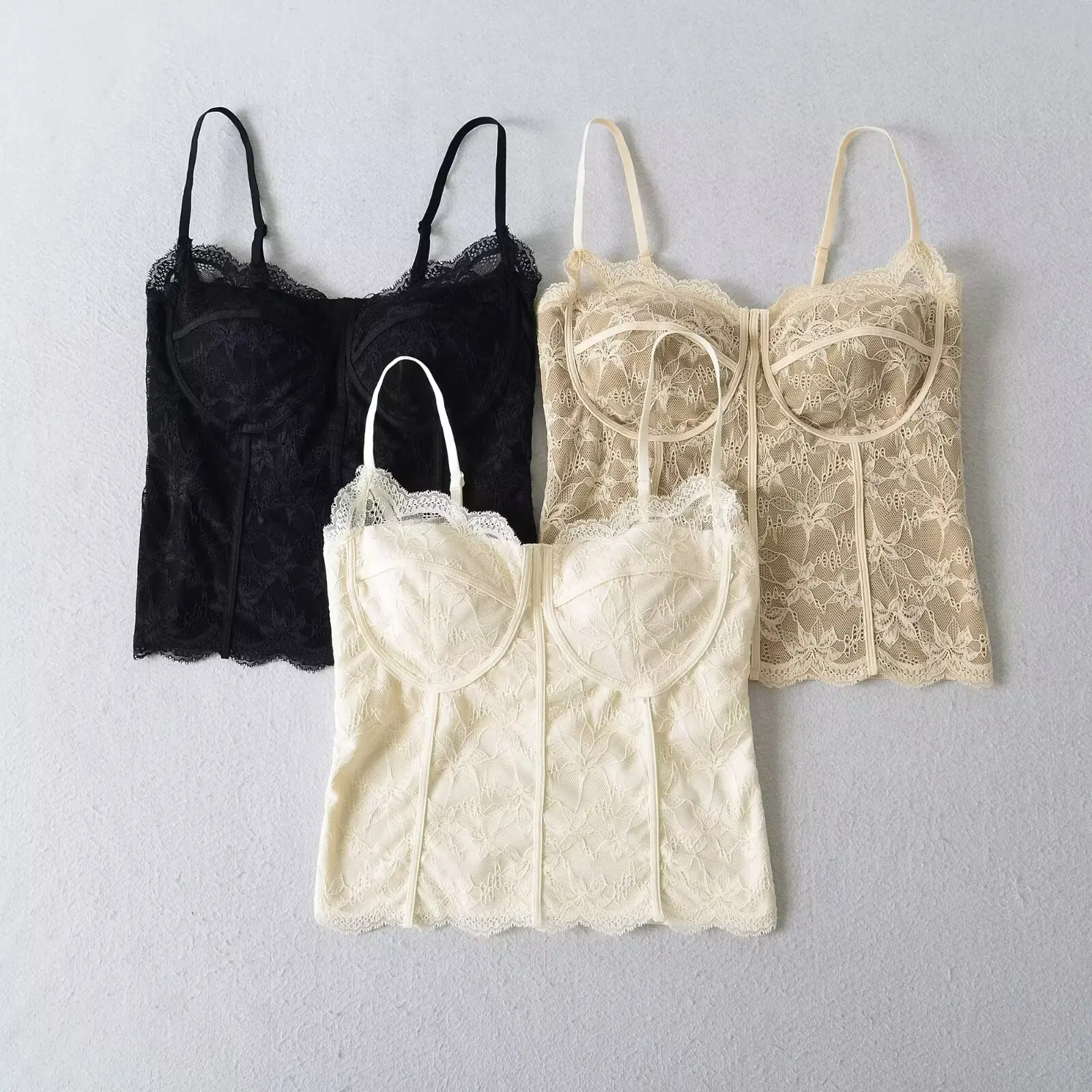 3 Color Sexy See Through Lace With Wire Pad Camis Women V Neck Spliced Back Crop Top Slim Camisoles Base Bra Tank Beige Black