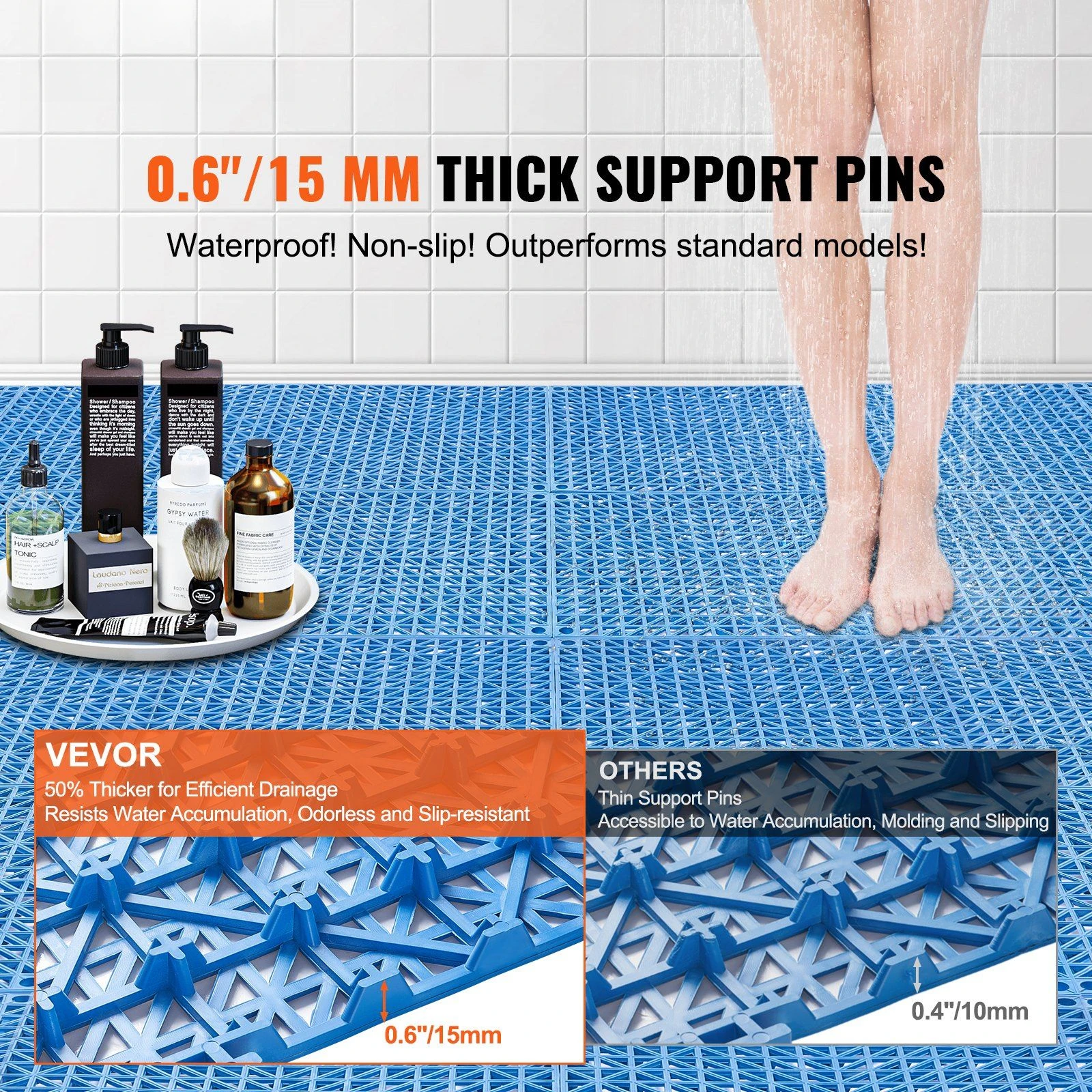 Interlocking Tile 50PCS Blue,Drainage Tiles 12" x12" Splicing,Soft PVC Interlocking Drainage Floor Tiles,Non-Slip Drainage Holes