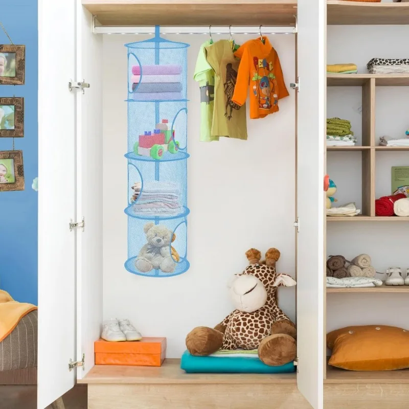 Foldable Plush Animal Storage Net 4 Compartments Hanging Mesh Toy Storage Hammock for Kids Room Toys Gloves Hats Socks