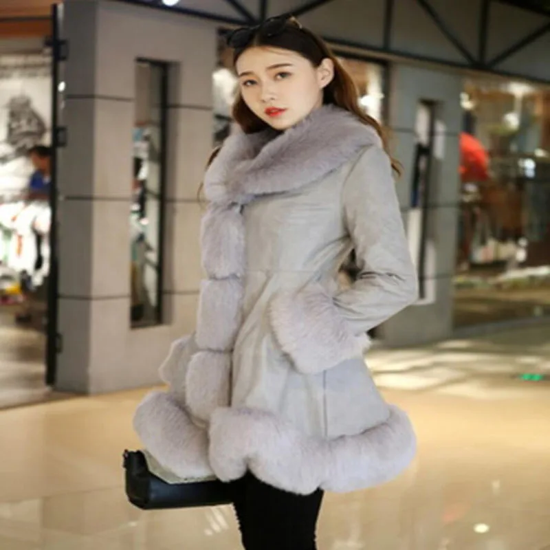 Size 6XL Women\'s Clothing Autumn Winter Imitation Fox Fur Big Fur Collar Thick Warm Female\'s Leather Jacket Slim Fur Coat