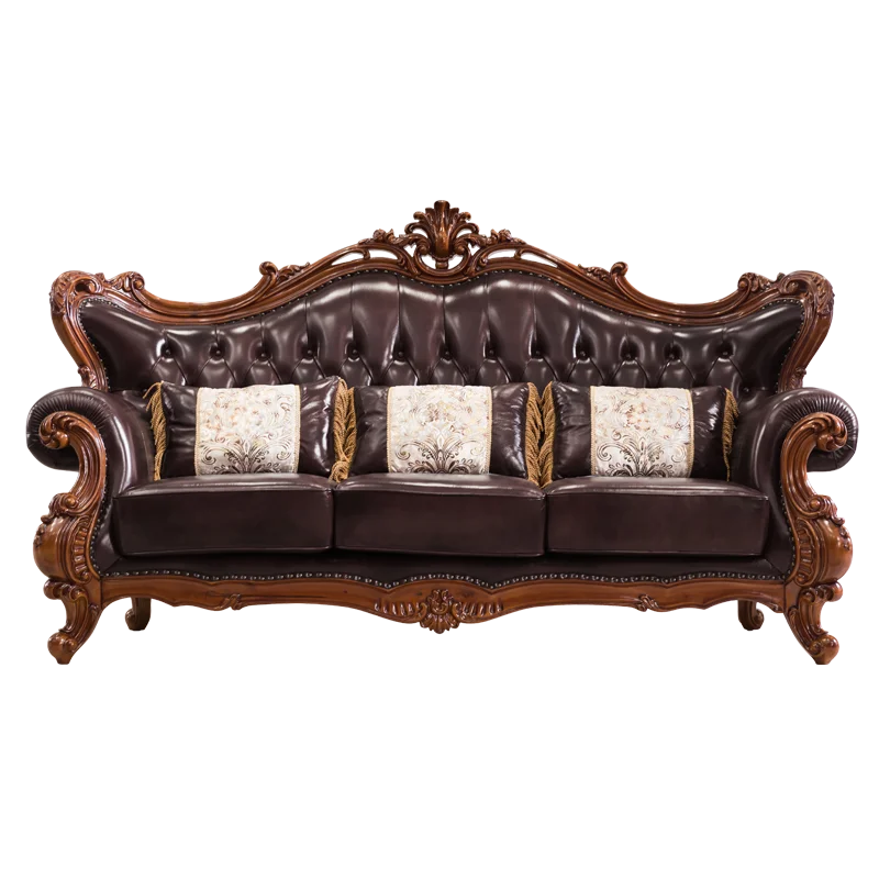 

Luxury Living Room Furniture Leather Solid Wood with Handmade Carving N418 American Style Antique Sofa
