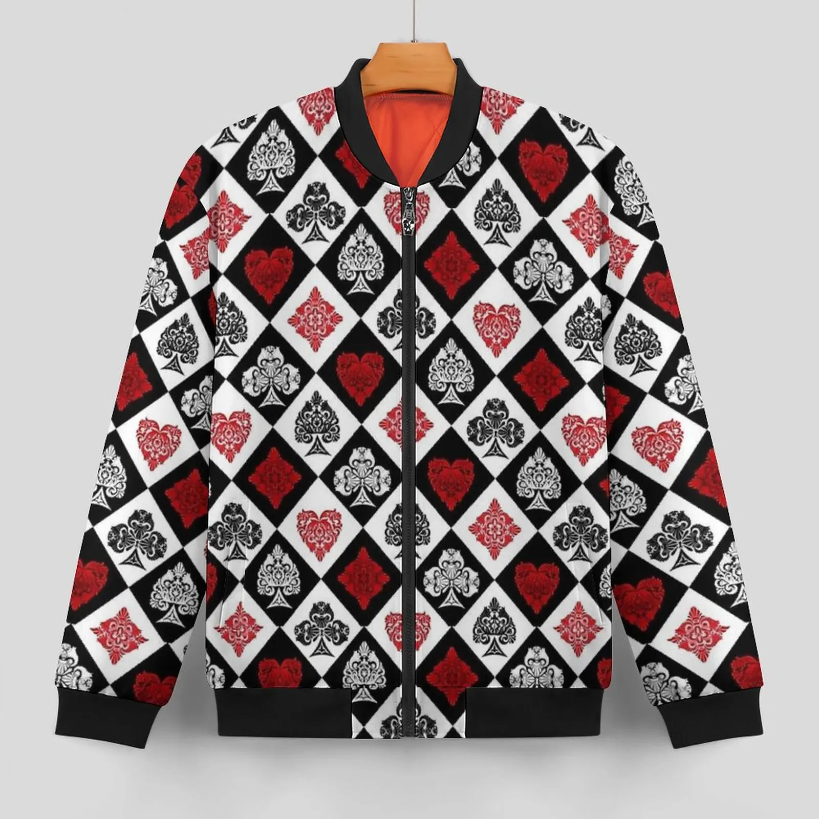 Vintage Playing Card Symbols Casual Jackets Male  Coats Winter Retro Jacket Zipper Pattern Outerwear Windbreakers Big Size