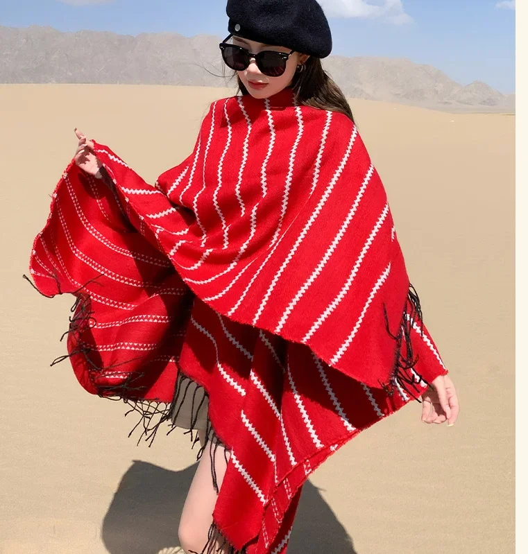 Poncho Cloak Shawl Travel Striped Women's Split Shawl Ethnic Style Knitted Shawl Warm Tassel Windproof Cape Fashion Lady Coat