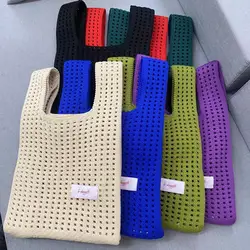 Minimalist Knitted Handbag Women's Handbag Summer Hollow Out Crochet Solid Color Handmade Knitting Knot Wrist Bag Shopping Tote