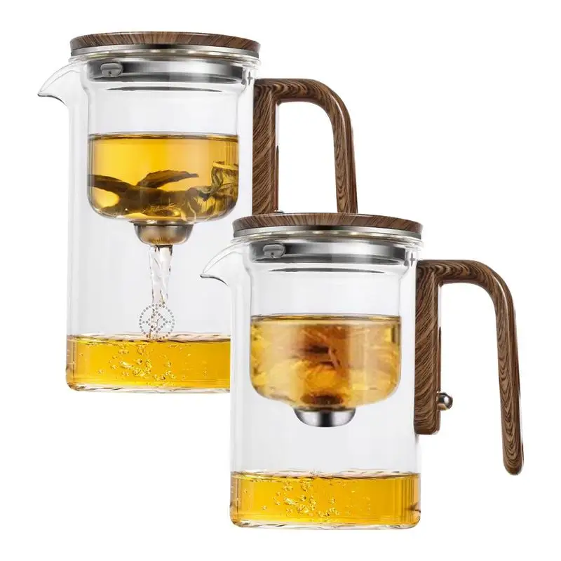 Glass Teapot With Infuser Heat Resistant Clear Water Separation Carafe With Wood Handle Anti-Spill Tea Steeper Pot For Apartment