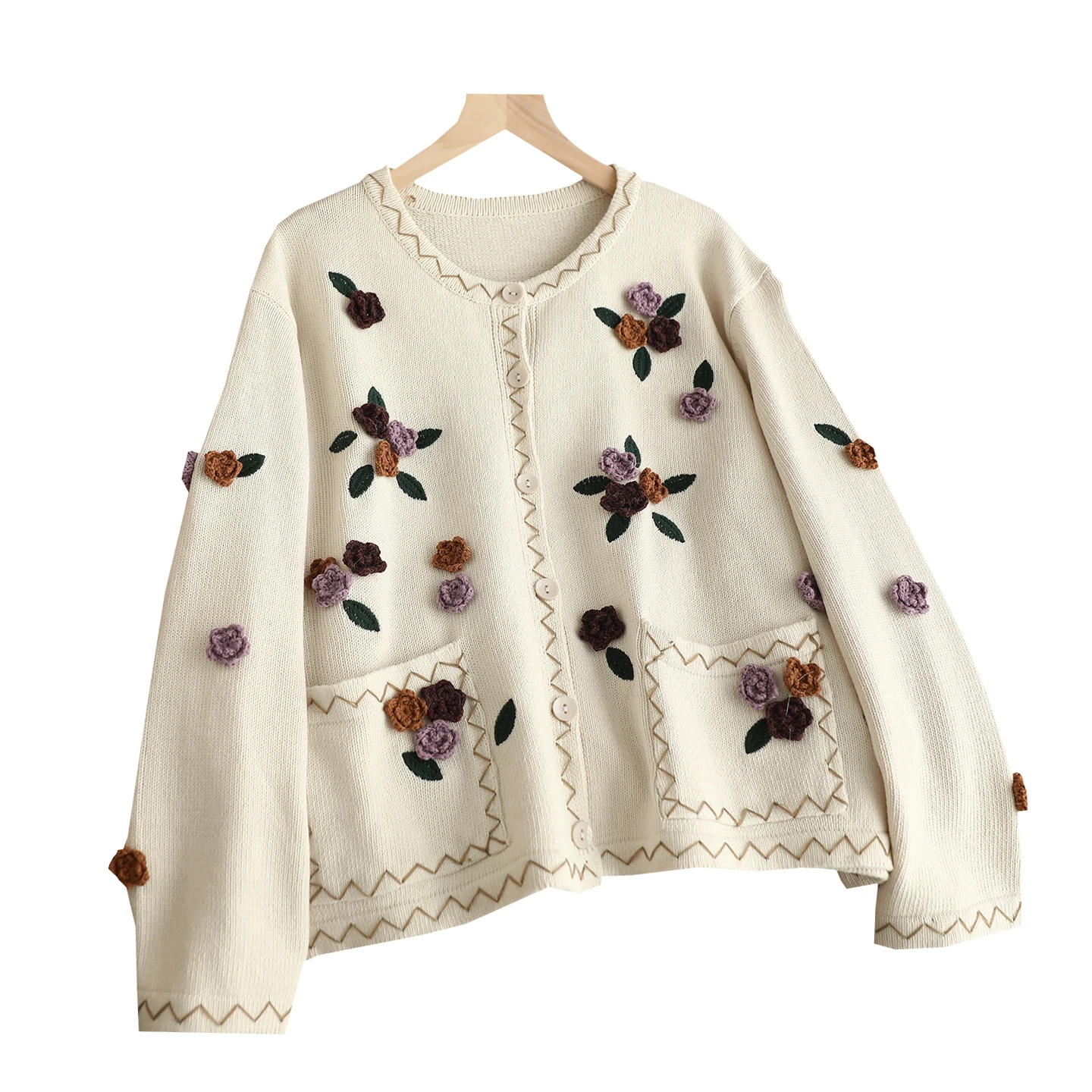 Japanse Zoete Mori Meisje 3D Bloem Applicaties Gebreid Vest Vrouwen Lente Herfst O-hals Lange Mouw Casual Losse Trui Jassen