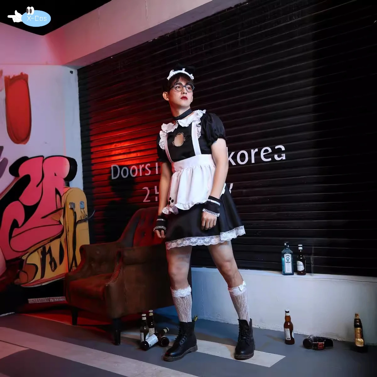 ชุดชุดสาวใช้ผู้ชายน่ารักชุดคอสเพลย์โลลิต้าแคทเกิร์ลปลอมเซ็กซี่สำหรับผู้หญิง