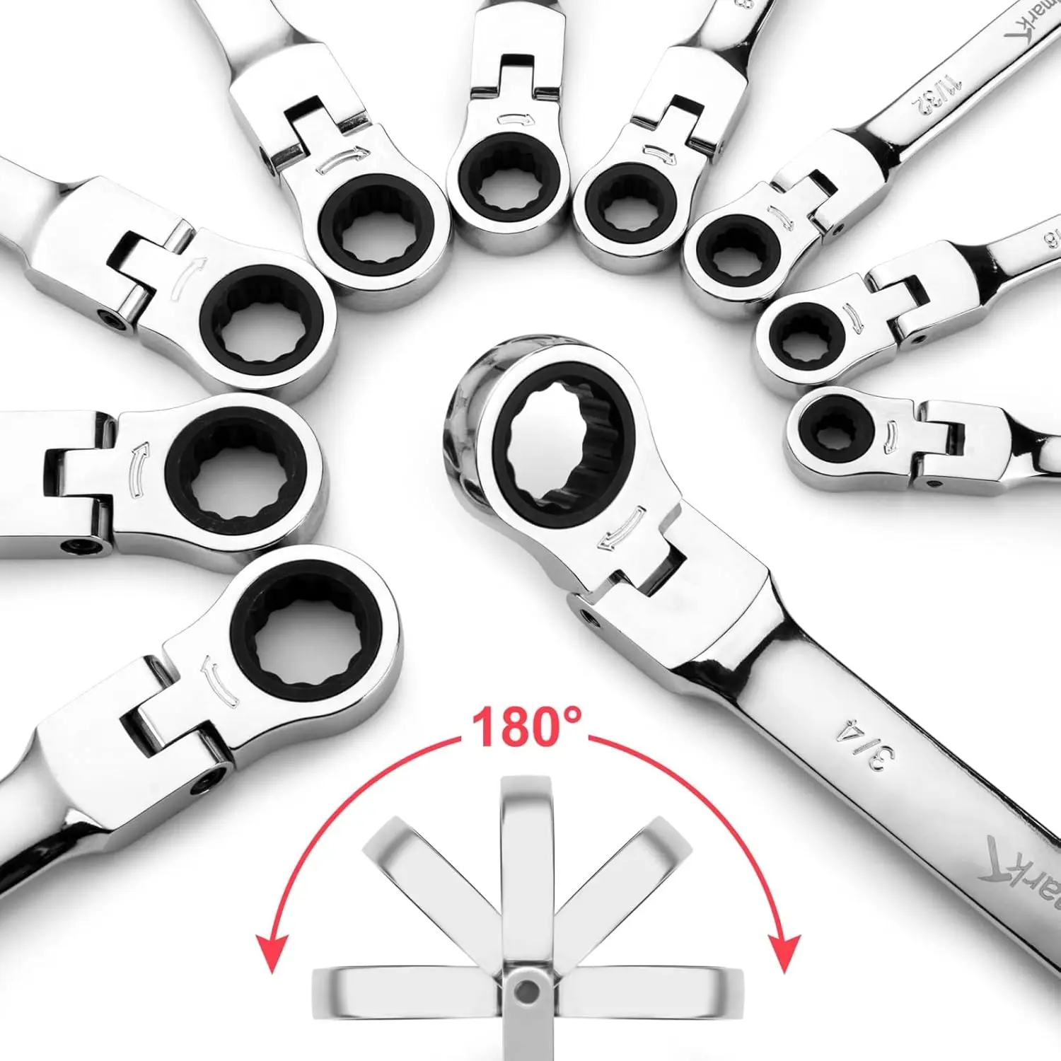 14-teiliges Ratschenschlüssel-Set, metrischer Flexkopf, Ring-Maulschlüssel-Set, SAE 5/16 Zoll, 11/16 Zoll und metrisch, 8–16 mm, 72 Zähne, mit Beutel