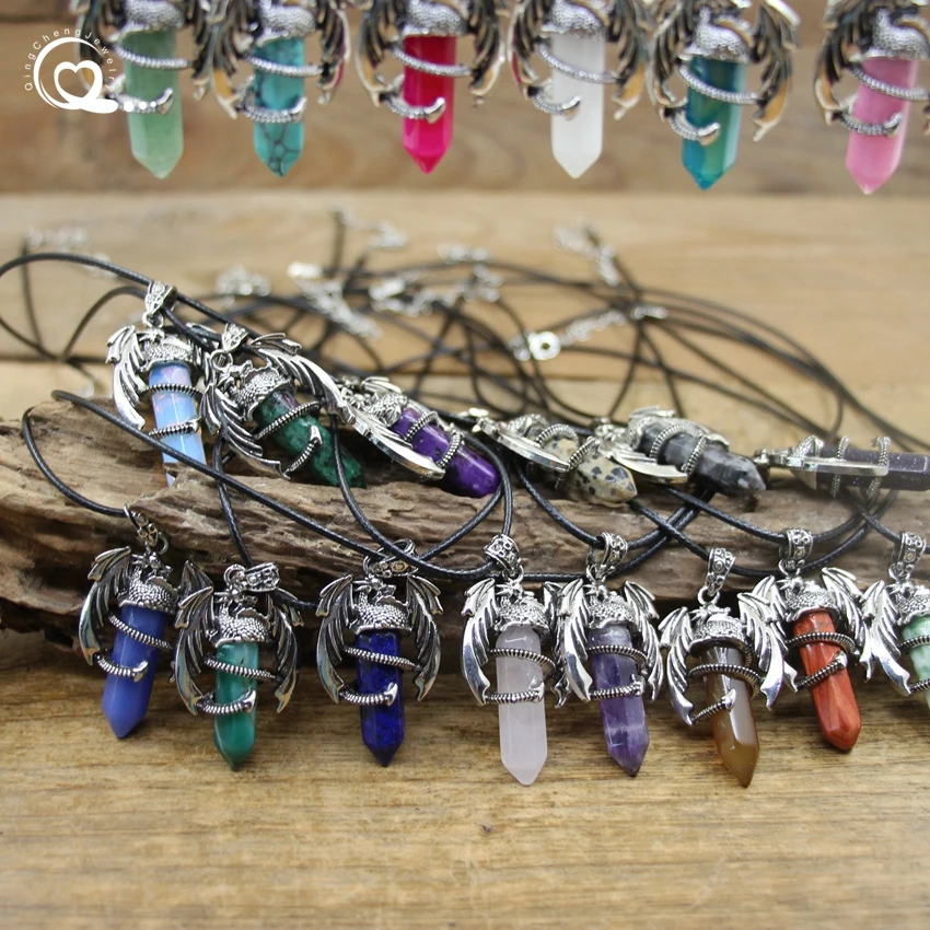 

Healing Crystal Dragon Pendant Man Necklace Gem Stone Quartz Hexagonal Lapis Amethysts Animal Vintage Jewelry for Women QC3352