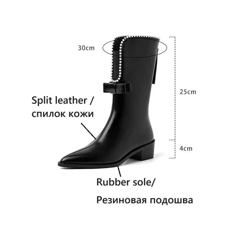 NEW Autumn Women Boots Split Leather Shoes for Women Pointed Toe Chunky Heel Shoes Bow-knot Zipper Mid-calf Boots Western Boots