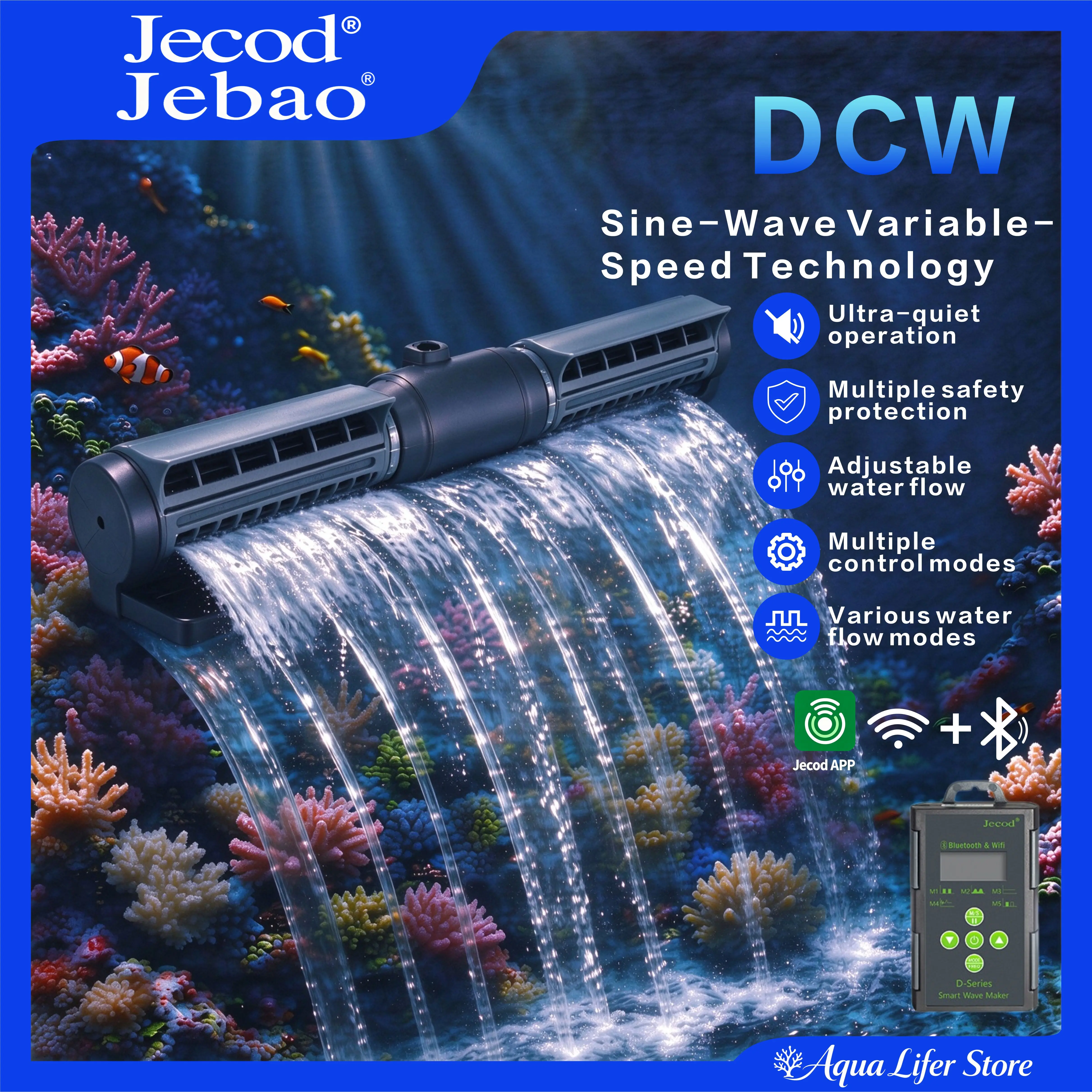 Jebao Jecod DCW Cross Flow Wavemaker Pump, Ultra Quiet Variable Frequency Bluetooth WiFi APP Control Fresh & Saltwater Aquarium