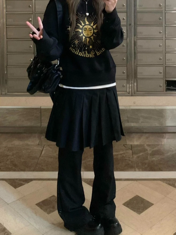 Black pleated skirt patchwork casual skirt pants women's autumn new fake two-piece design loose and wide leg pants