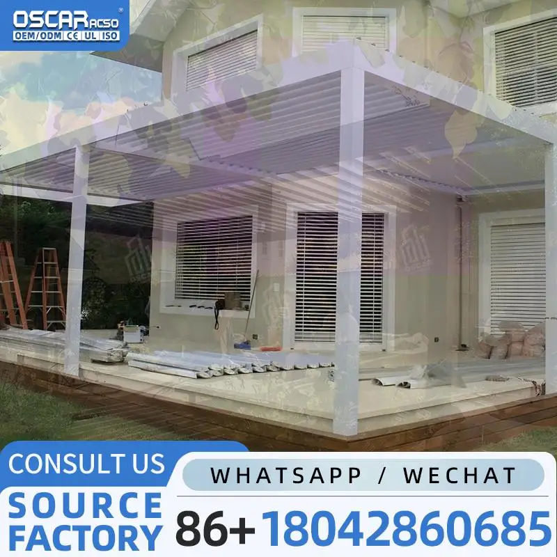 Waterproof Remote Controlled Motorized Roof Louvers Aluminium Pergola with Sliding Glass Doors for Garden Patio Balcony Outdoor