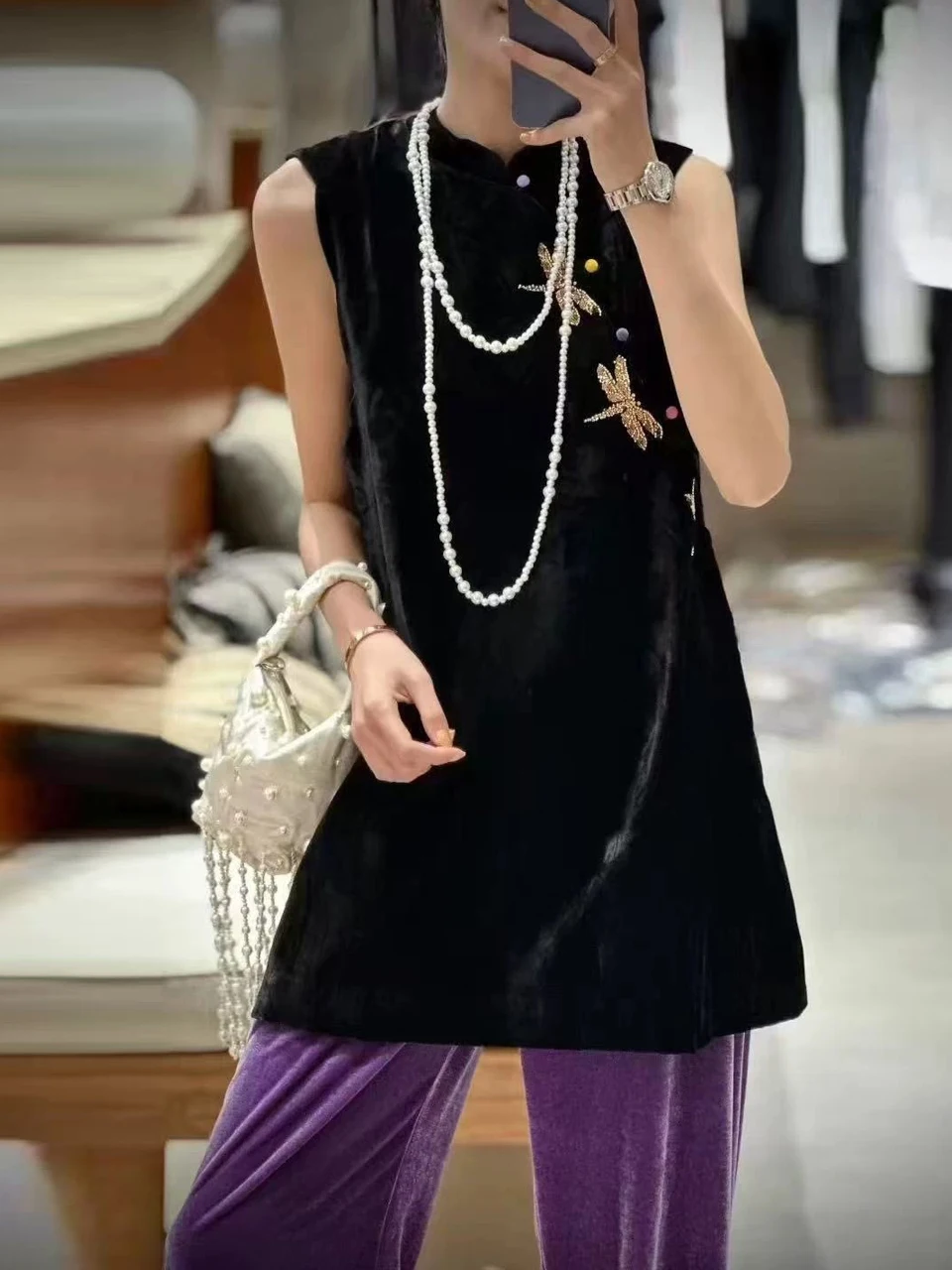 

Velvet Embroidered Jaet Chinese Sle Loose Women's Top Outerwear Autumn Design Sense Long Pearl Buttoned Bal Vest