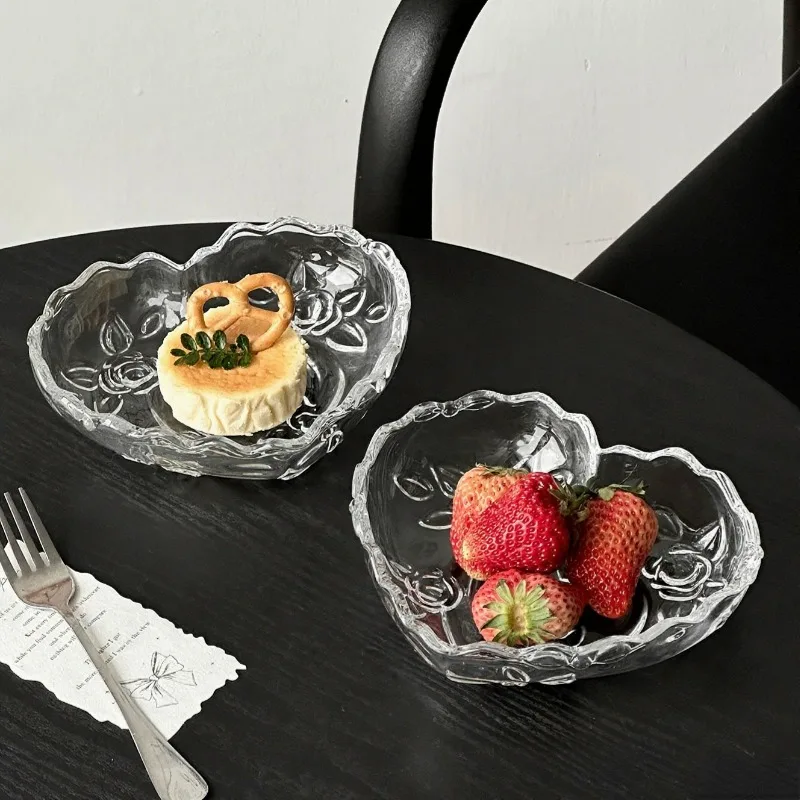 Platos de vidrio creativos con temática de amor, platos de postre en relieve de rosas, plato de vidrio de fruta, plato de aperitivos, platos de pastel, platos de pastelería, cuenco de corazón