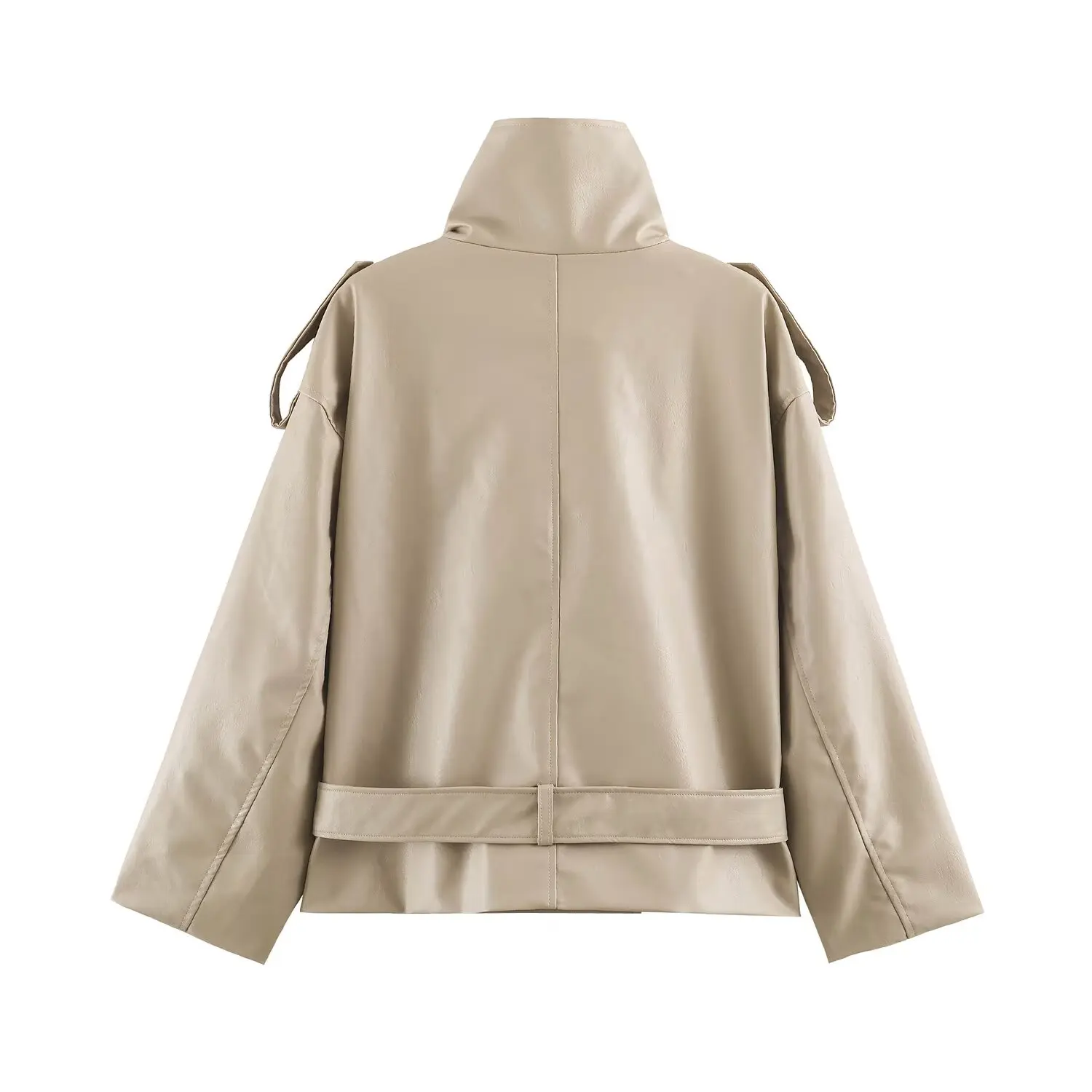 Double-Row Button PU Leather Jacket with Waist Belt Women's Outerwear Faux Leather Coat Long Sleeve Regular Length Coat