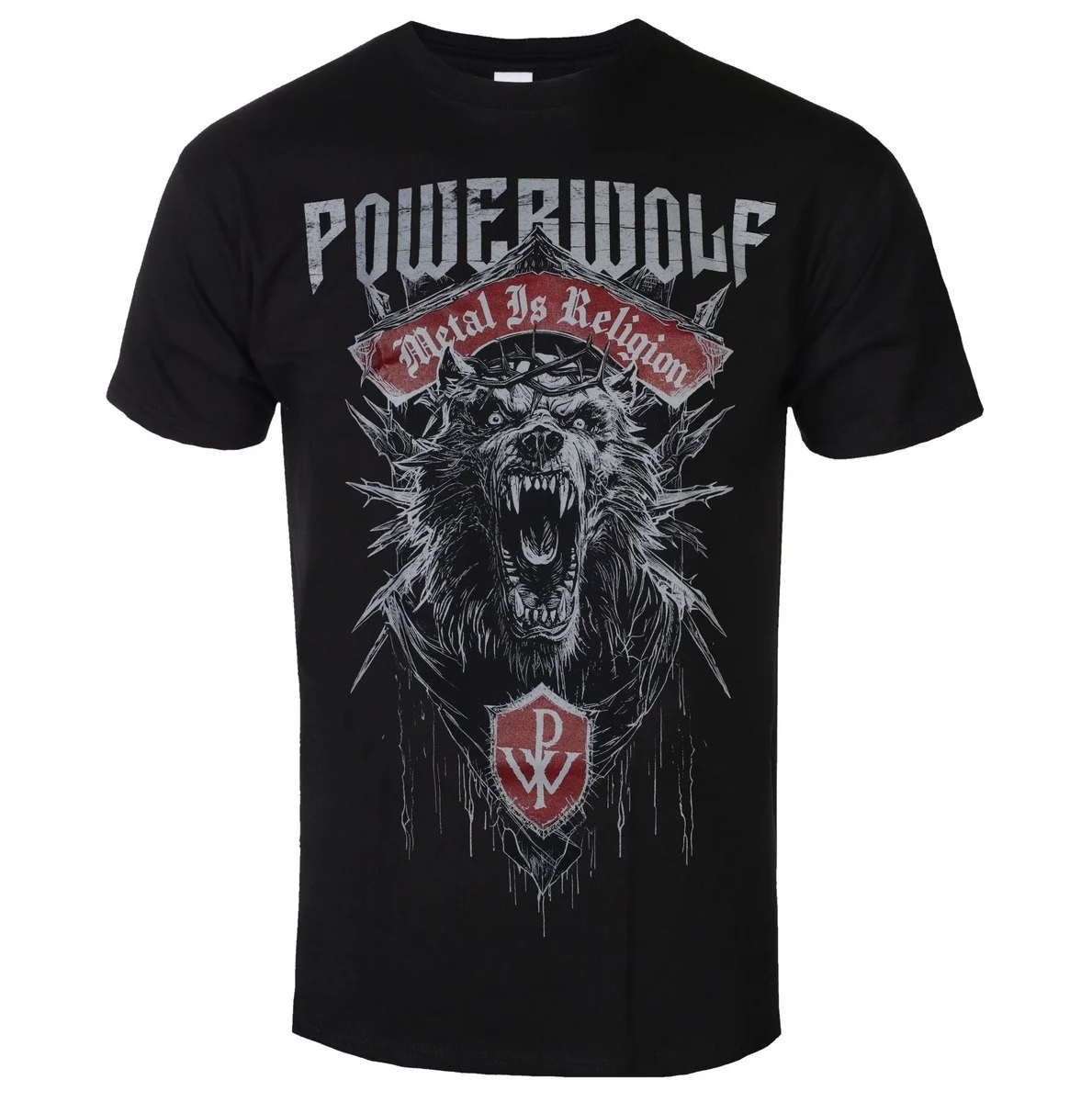T-shirt graphique Powerwolf Band Metal Is Religion Thorny Screaming Wolf Head PW Shield Emblem, style gothique européen classique