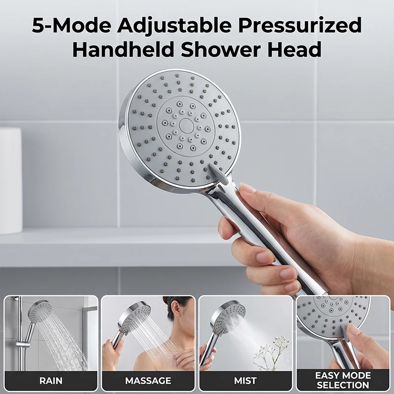High Pressure Handheld Shower Head Set, 5 Mode Water Saving Jetting SPA Shower with 1.5m Hose, Anti-Clog,  Wall-Mounted Bathroom
