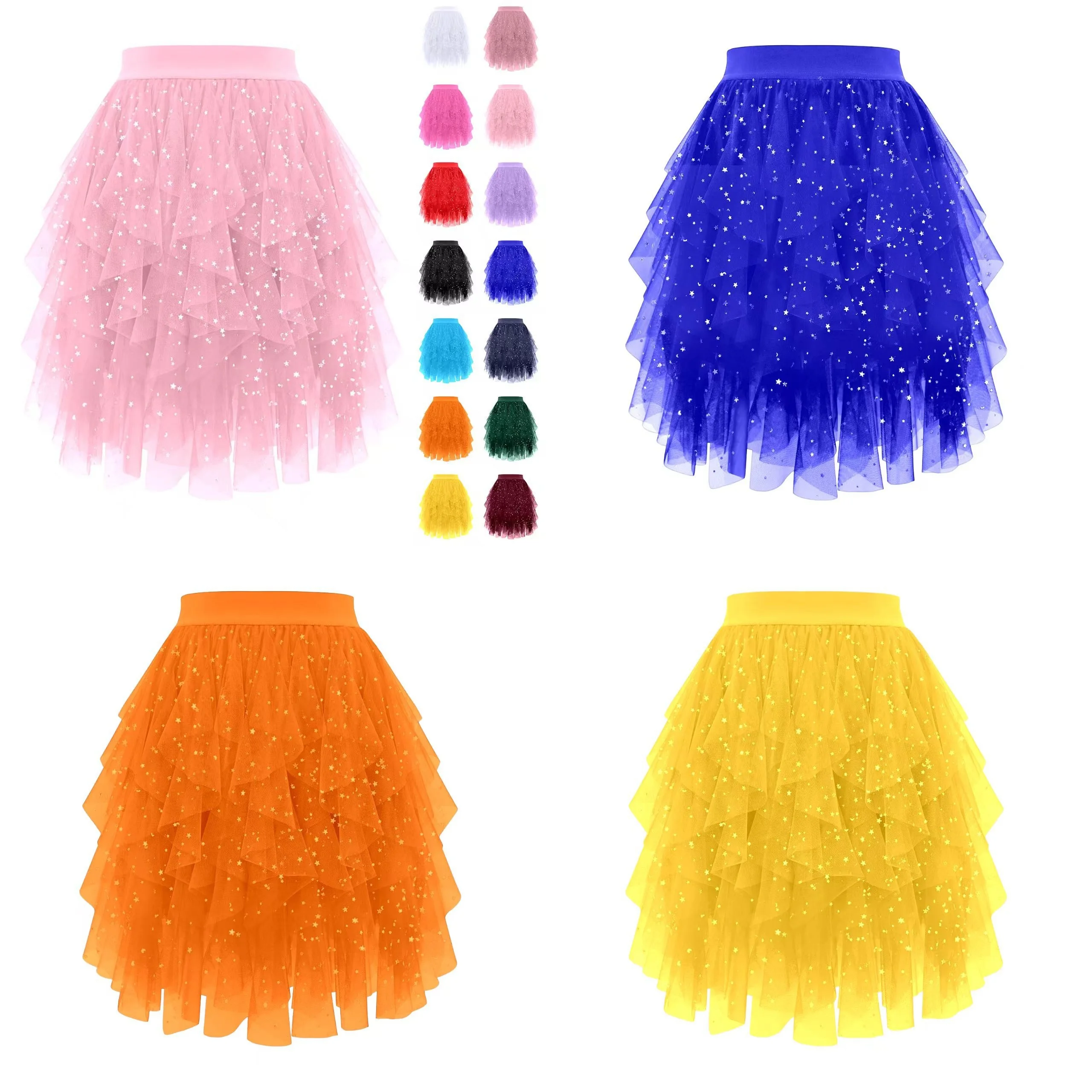 Skirt Asymmetric Sparkly Mesh High Waist Slimming Tutu Fluffy Tulle Layered A-line Skirts for Women Spring Summer