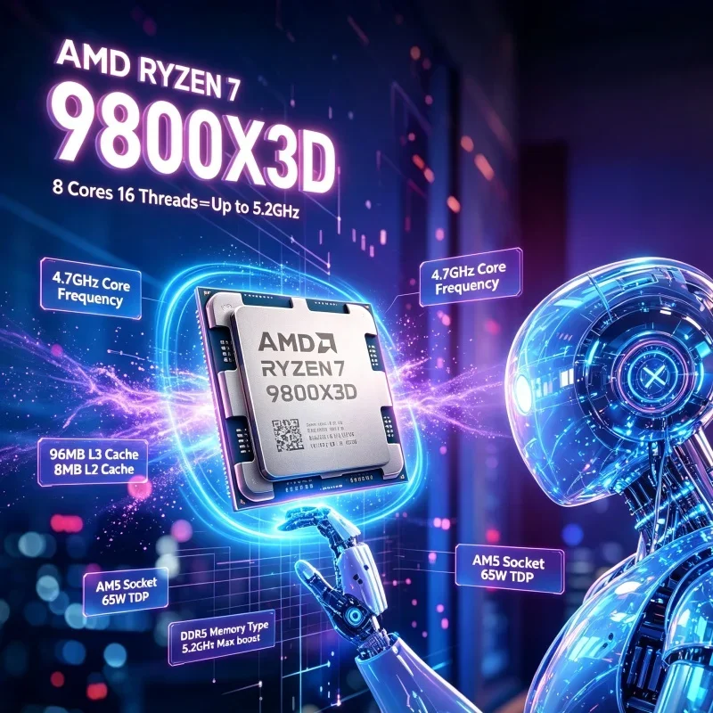 AMD Ryzen 7 9800X3D Gaming Desktop Processor 96MB L3 Cache 3D V-Cache Technology 8 Core 16 Thread 5.2GHz AM5 DDR5 4nm CPU
