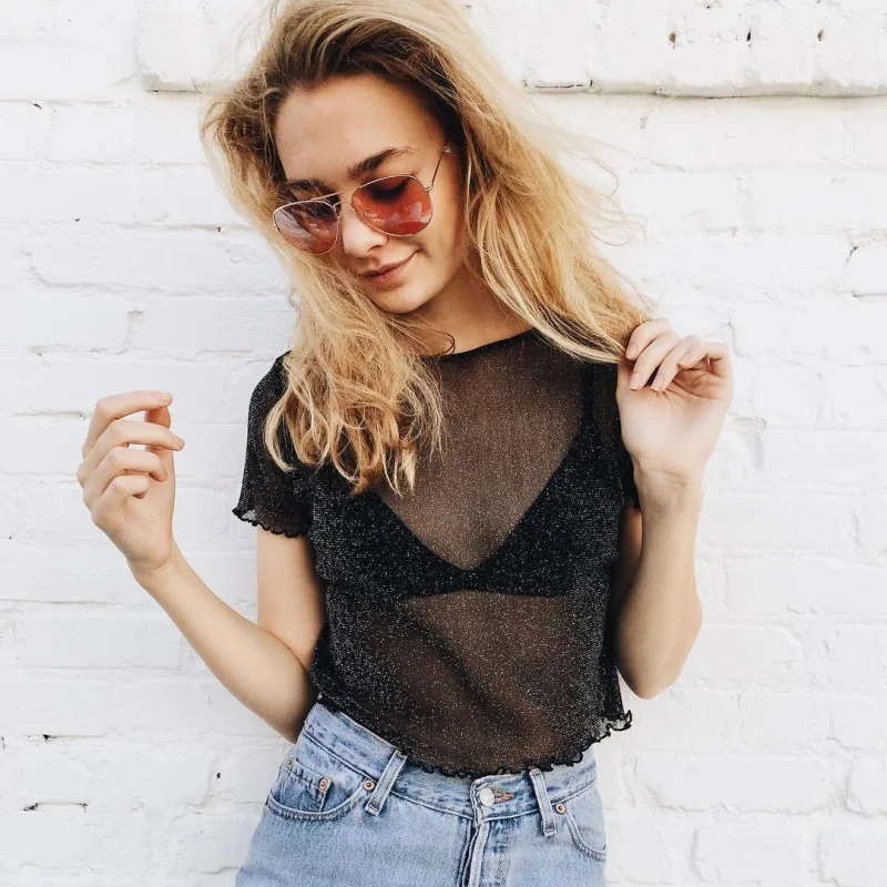 2024 Summer Sexy Sheer Trim Crop Top Women See-through Glitter Mesh T-Shirt Slim O Neck Short Sleeve Tops Perspective Streetwear