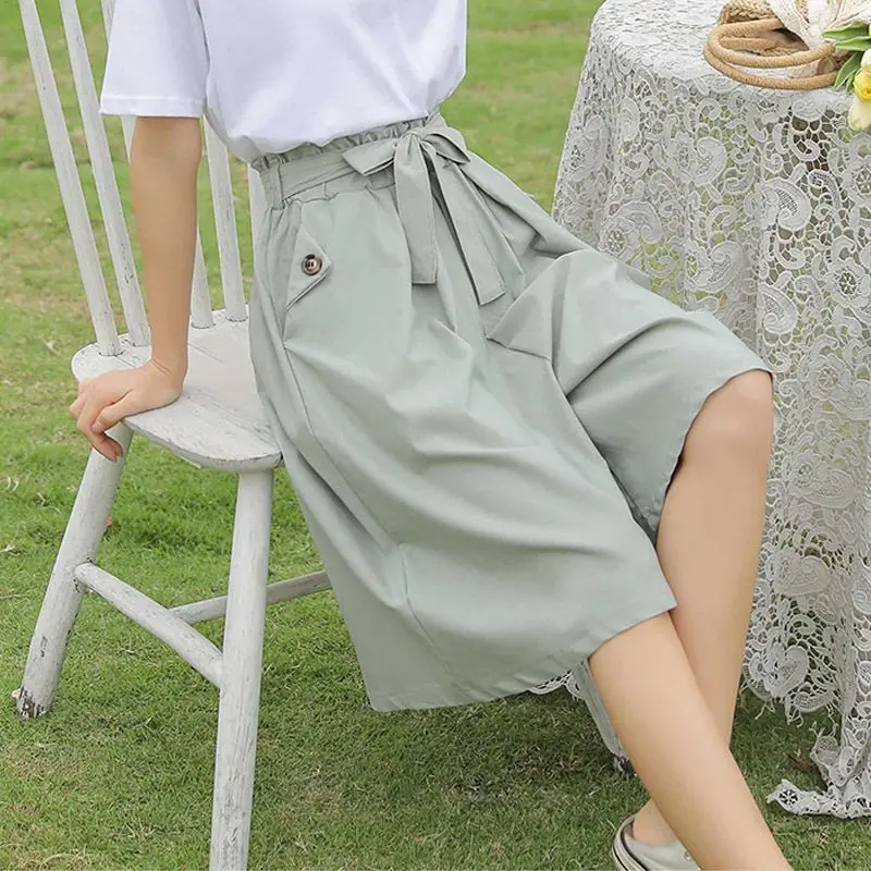 Summer and Autumn Loose Korean Version Versatile Mid Length Skirt Casual Five Point Short Wide Leg Pants for Female Students