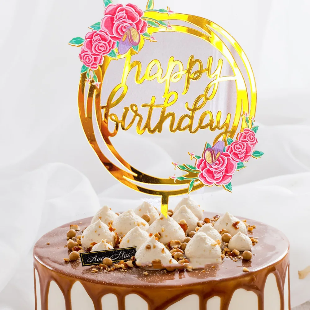 1PC Flower Plant Happy Birthday Cake Topper Gold 3D Acrylic Kids Party Dessert Cake Topper for Baby Shower Cake Gift Decoration